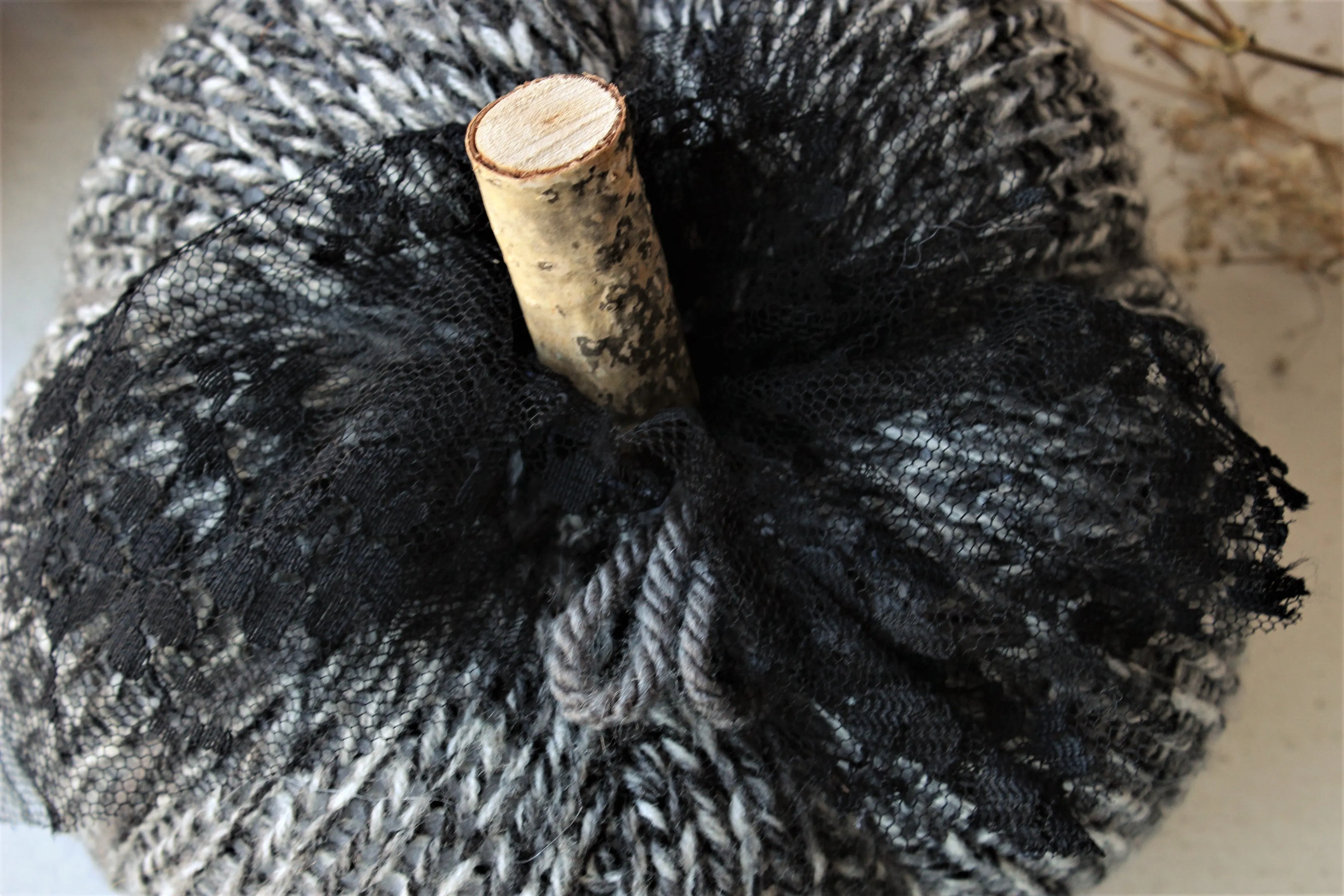 Pumpkin Pillow in Gray, Black and White, Embellished with Black Lace