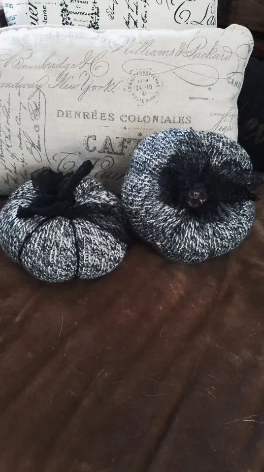 Pumpkin Pillow in Gray, Black and White, Embellished with Black Lace