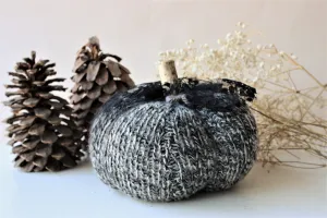 Pumpkin Pillow in Gray, Black and White, Embellished with Black Lace