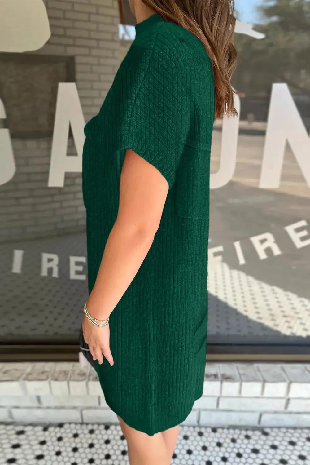 Ribbed Knit Short Sleeve Sweater Dress in Blackish Green