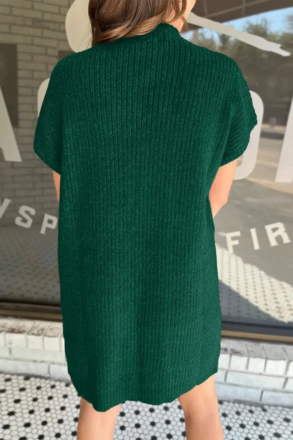 Ribbed Knit Short Sleeve Sweater Dress in Blackish Green