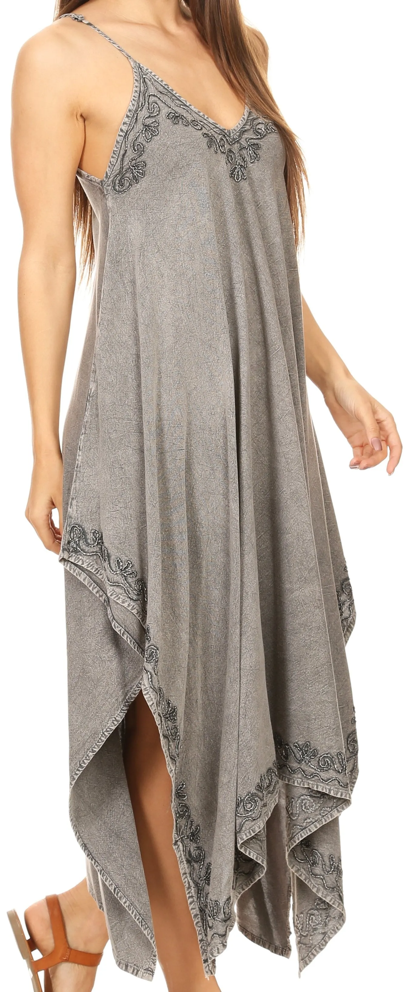 Sakkas Eleonora Stonewashed Embroidered Spaghetti Strap Handkerchief Dress