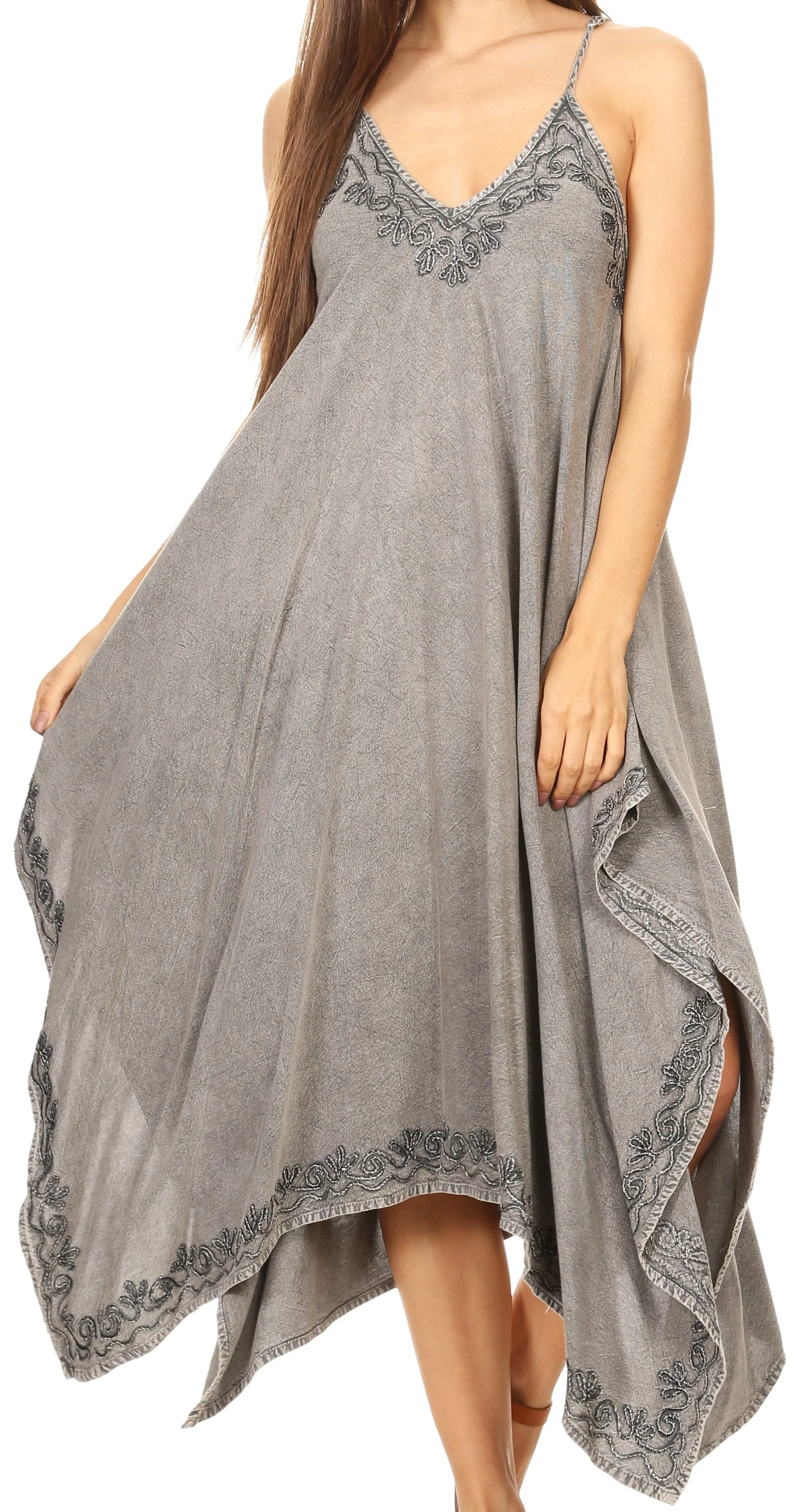 Sakkas Eleonora Stonewashed Embroidered Spaghetti Strap Handkerchief Dress