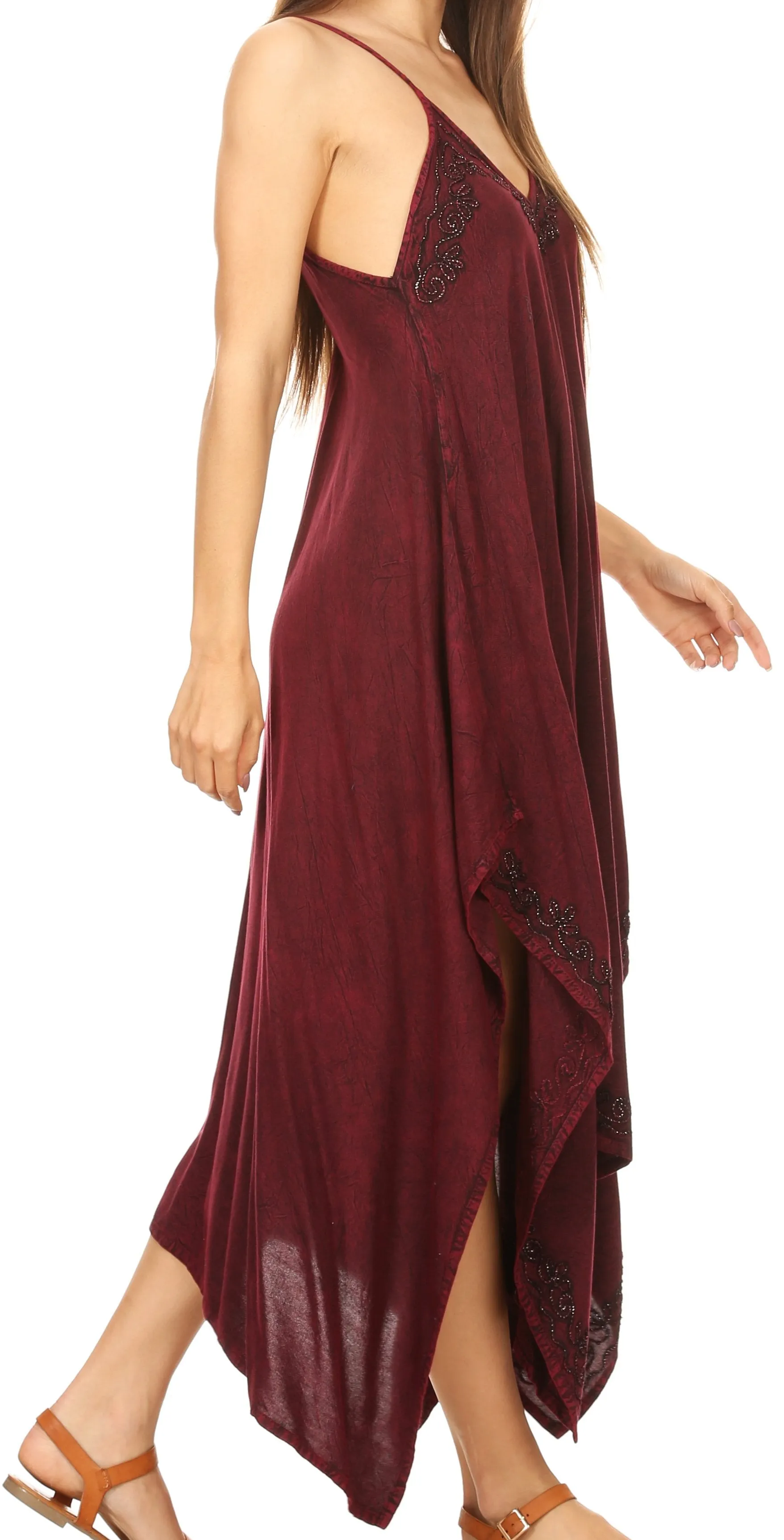 Sakkas Eleonora Stonewashed Embroidered Spaghetti Strap Handkerchief Dress