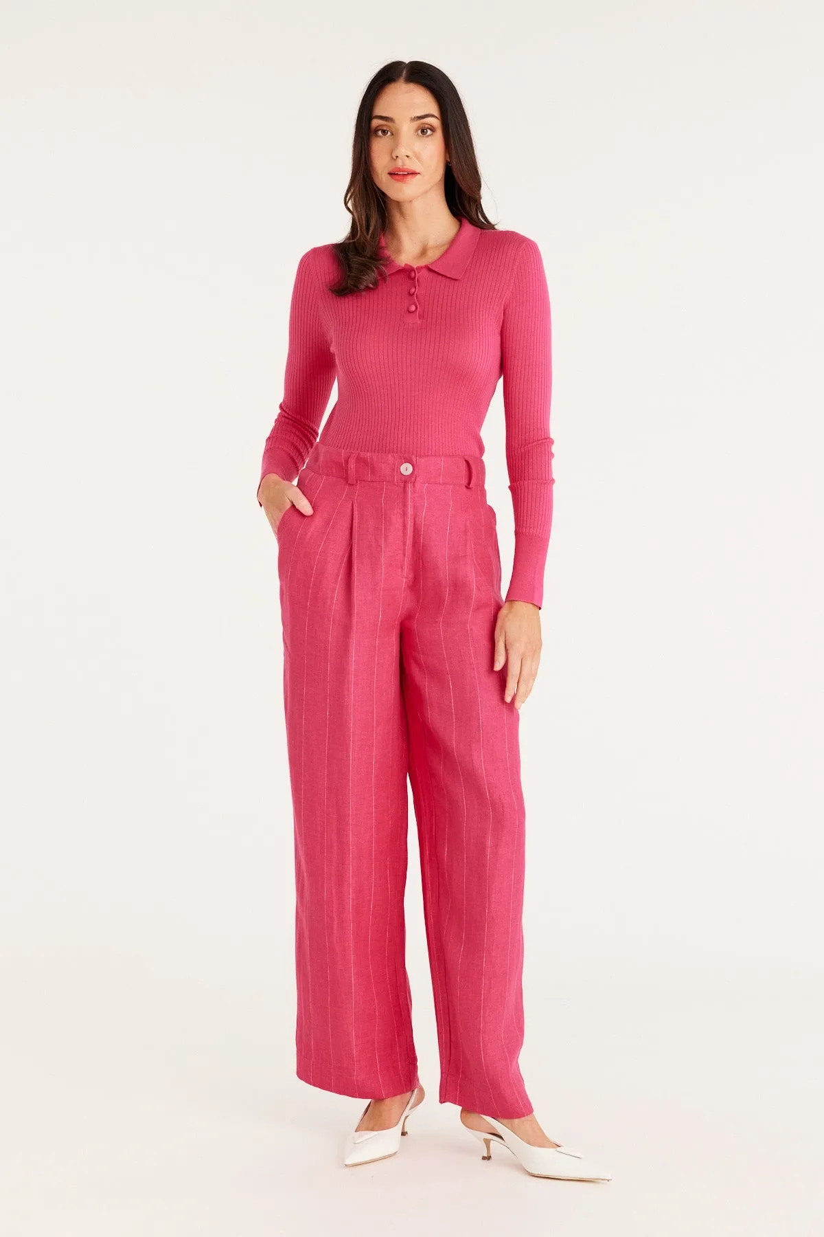 Silk Rib Polo Top - Hot Pink