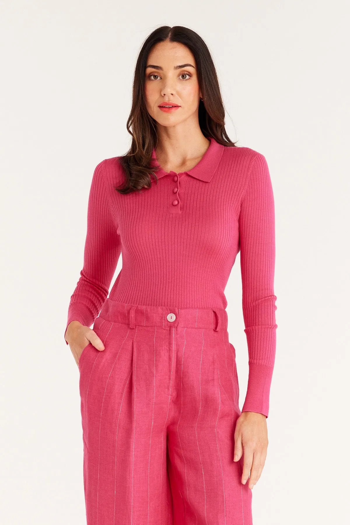 Silk Rib Polo Top - Hot Pink