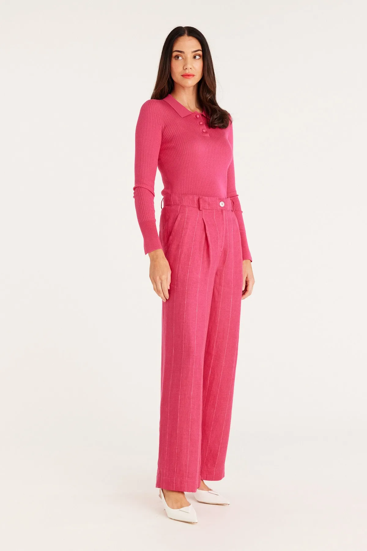 Silk Rib Polo Top - Hot Pink