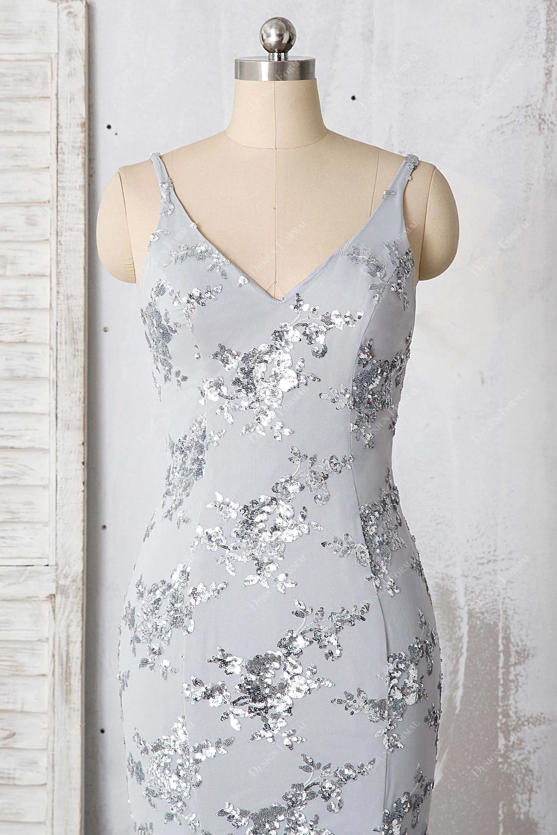 Sparkly Silver Floral Sequin Gray Sexy Open Back Mermaid Prom Gown