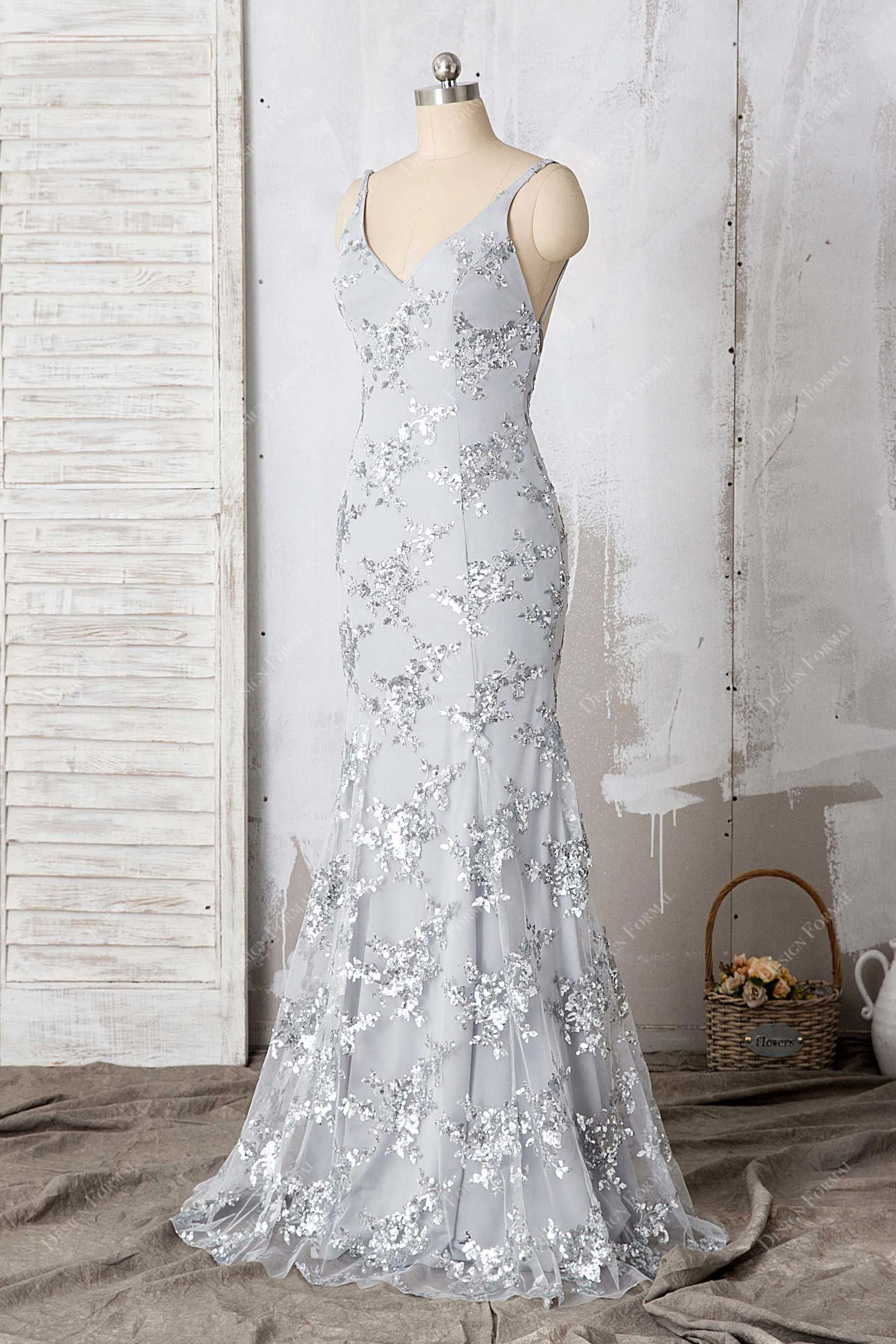 Sparkly Silver Floral Sequin Gray Sexy Open Back Mermaid Prom Gown