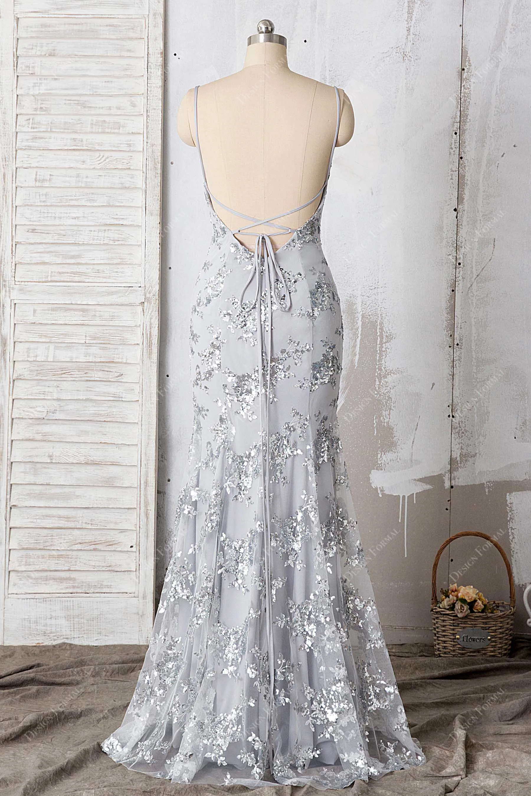 Sparkly Silver Floral Sequin Gray Sexy Open Back Mermaid Prom Gown