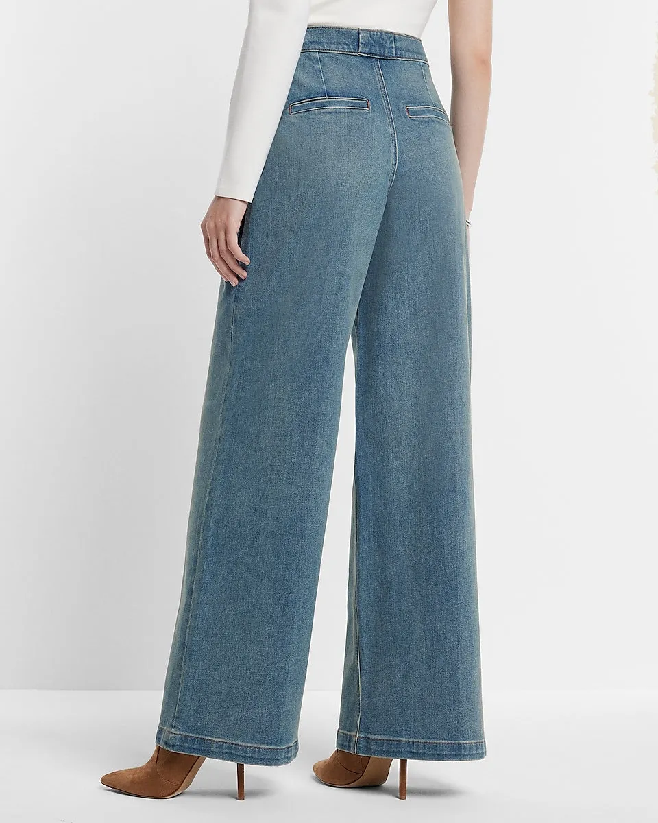 Super High Waisted Baggy Pleated Wide Leg Jeans in Medium Wash