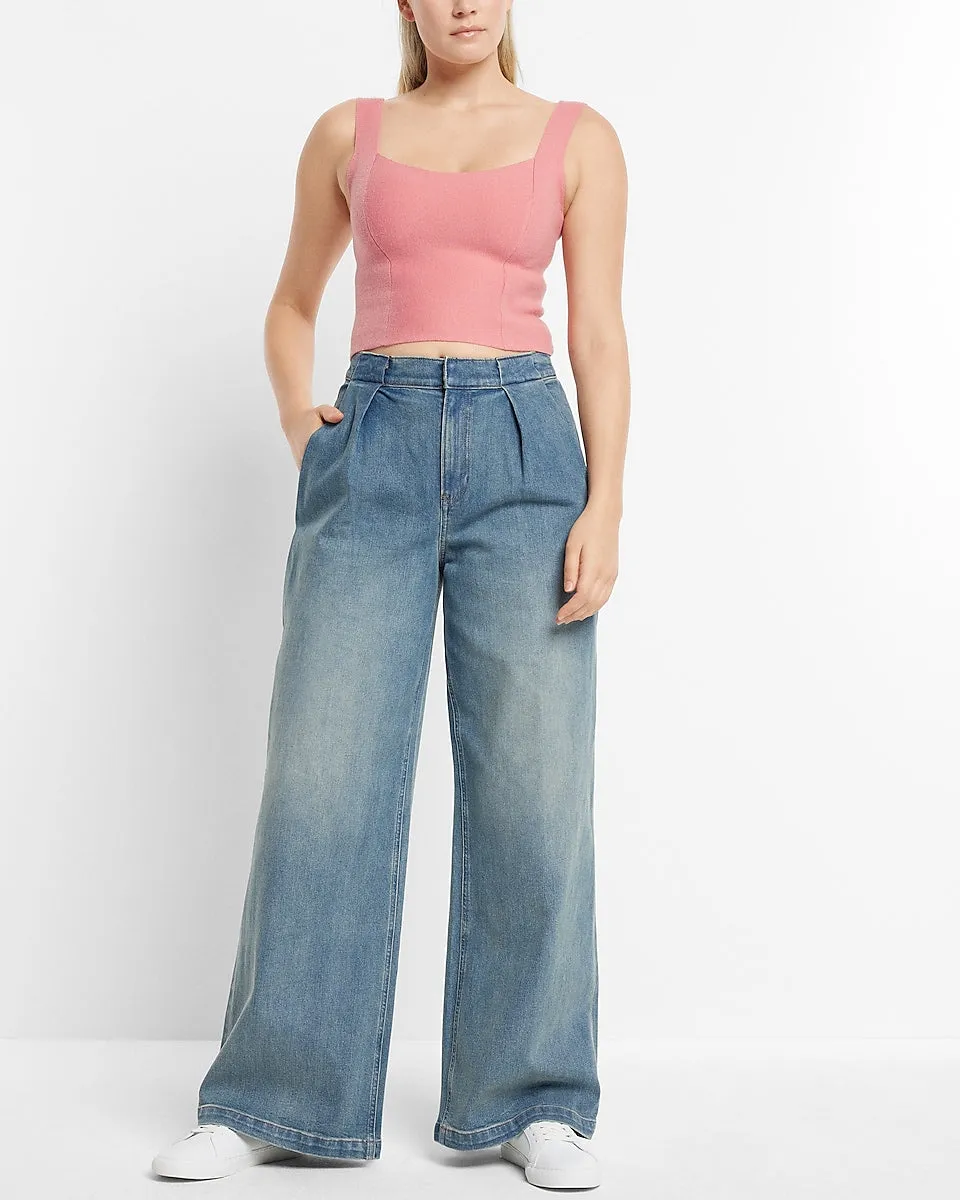 Super High Waisted Baggy Pleated Wide Leg Jeans in Medium Wash