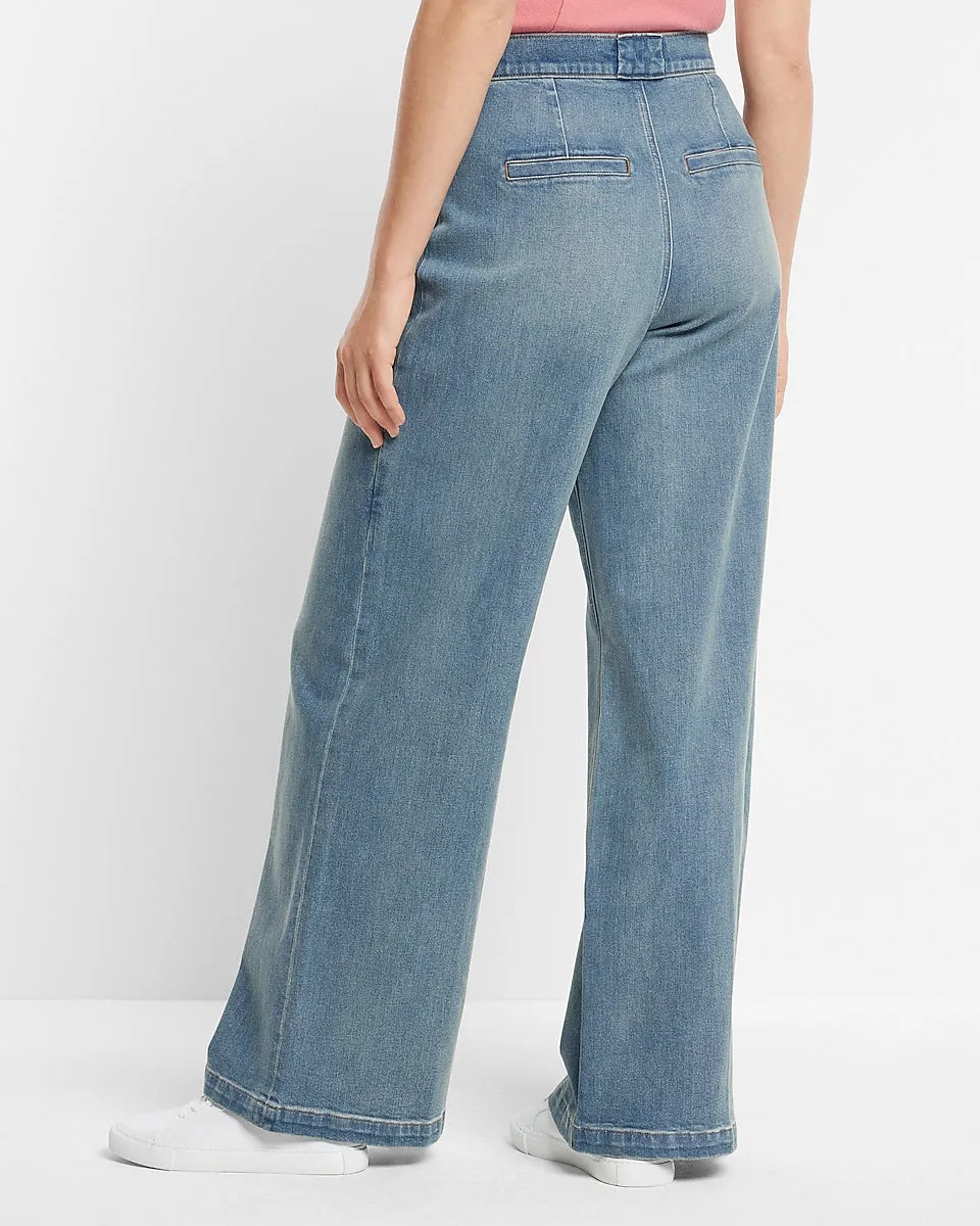 Super High Waisted Baggy Pleated Wide Leg Jeans in Medium Wash