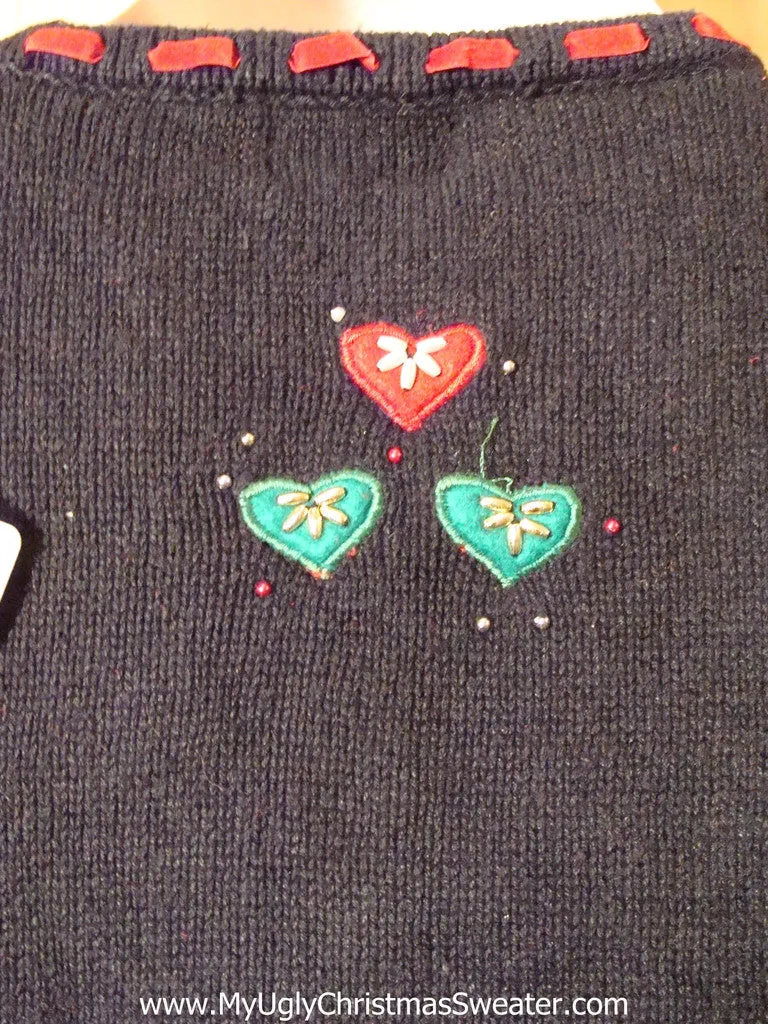 Tacky Cheap Ugly Christmas Sweater Vest with Red and Green Hearts, Trees, and Poinsettias (f629)