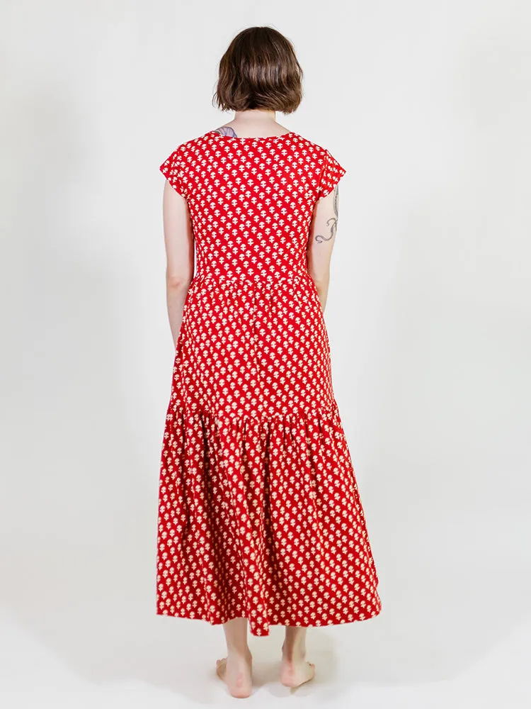 Tiered Jersey Dress - Micro Floral Red