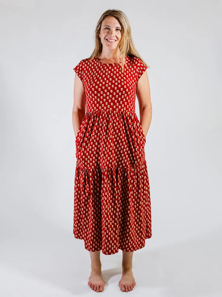 Tiered Jersey Dress - Micro Floral Red