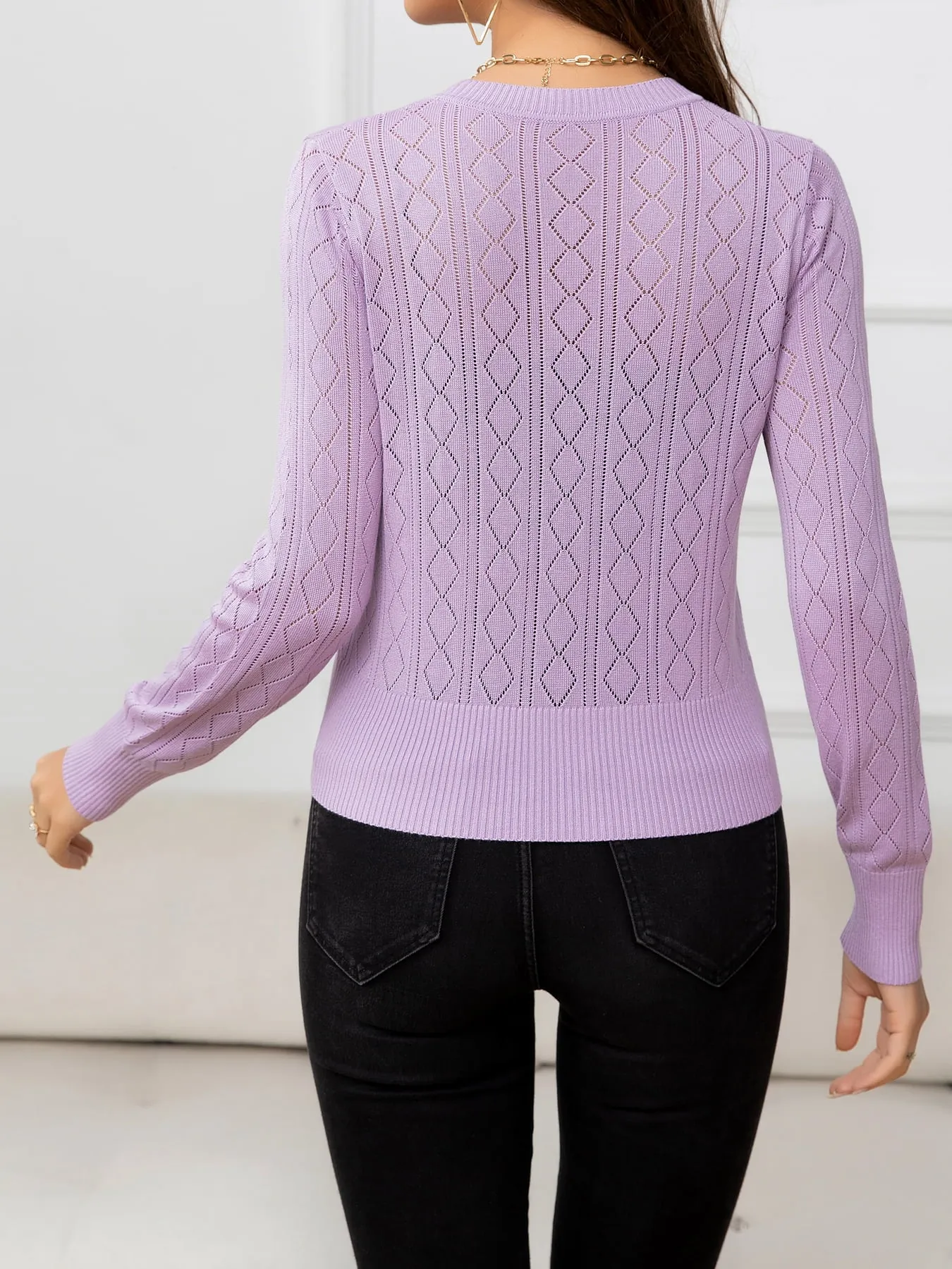 V-Neck Buttoned Long Sleeve Knit Top