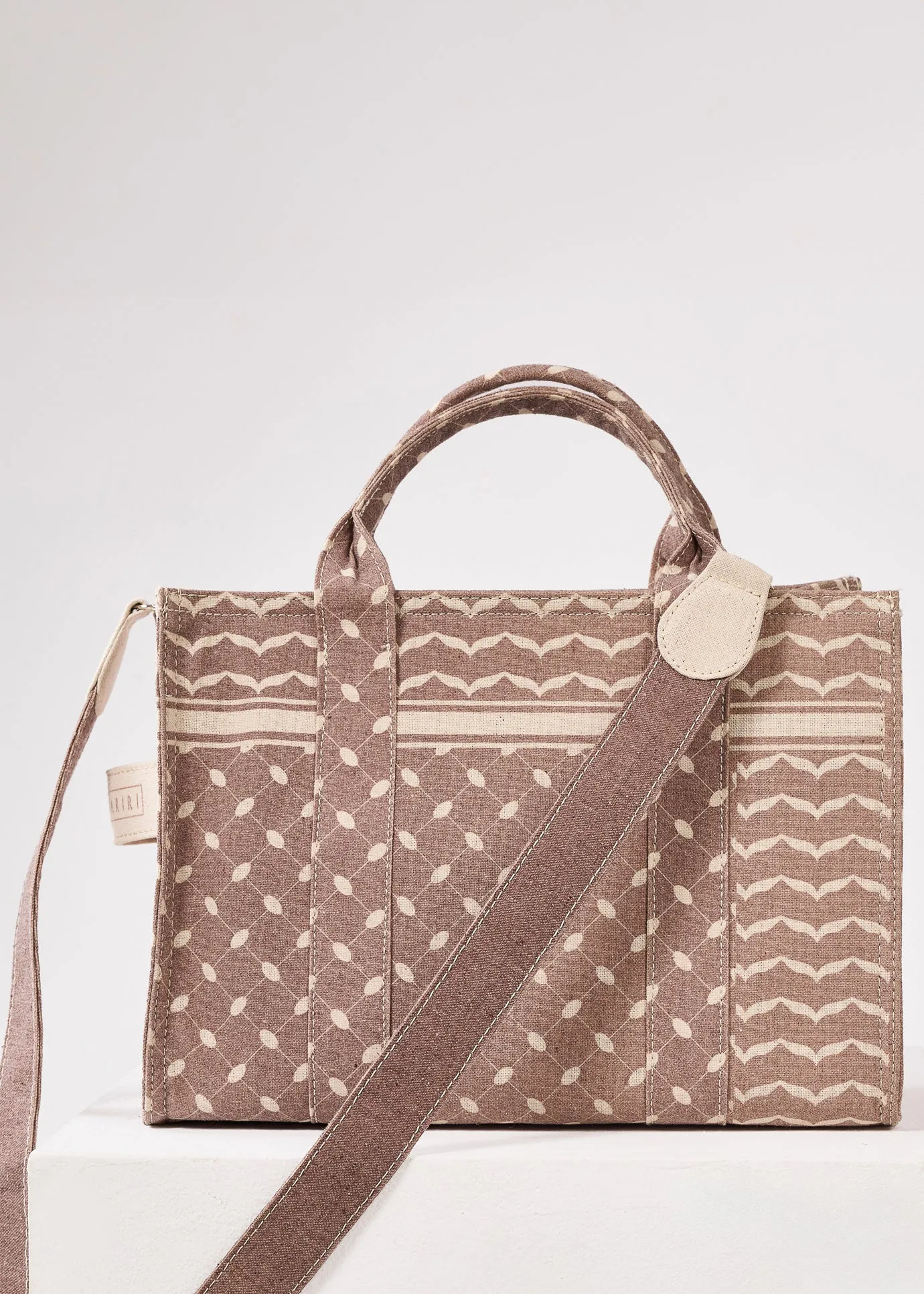 Vintage Earth Tone Tote Bag - Woven Cotton Canvas with Patterned Design