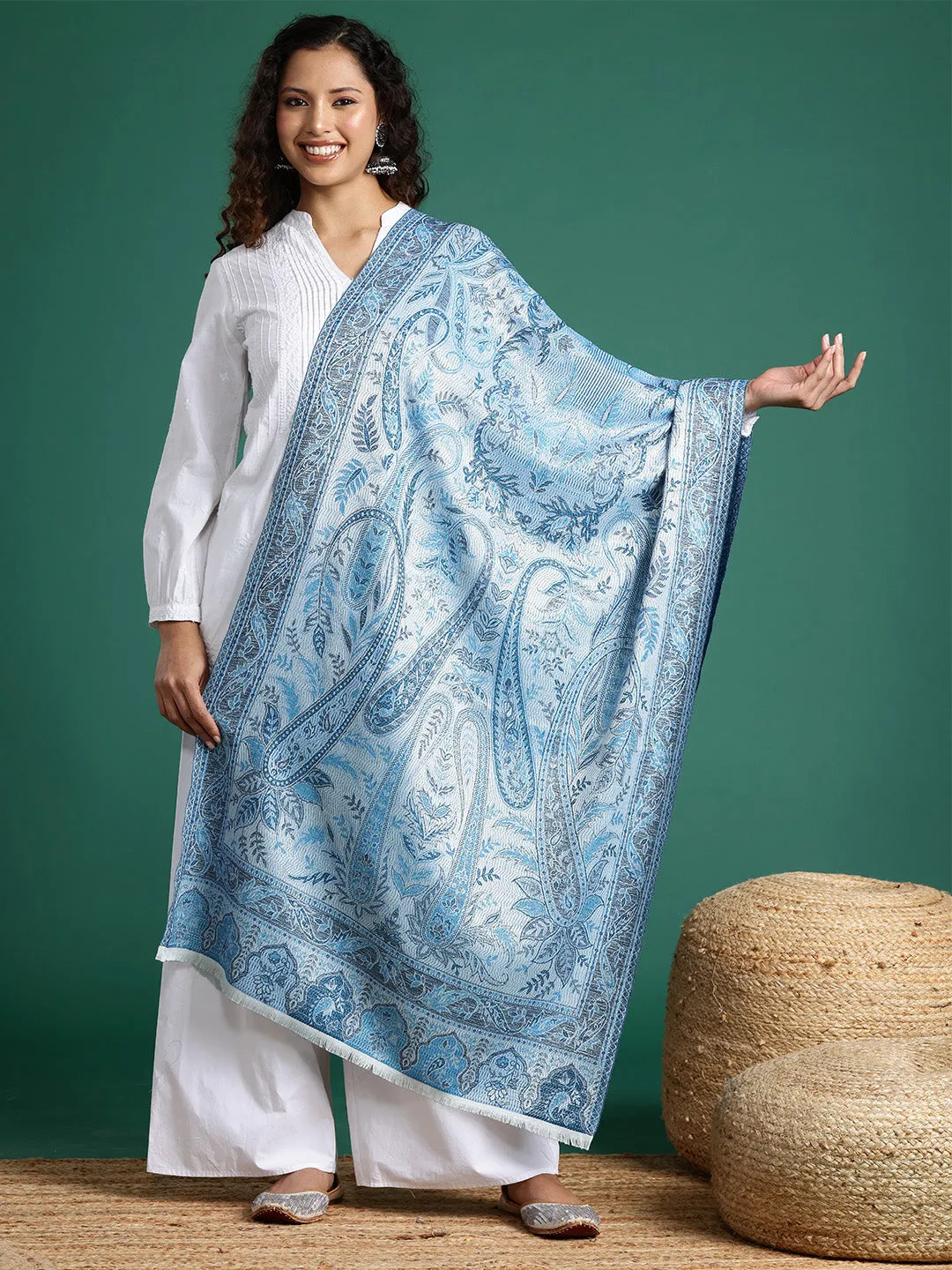 Women White And Blue Woven Design Modal Stole