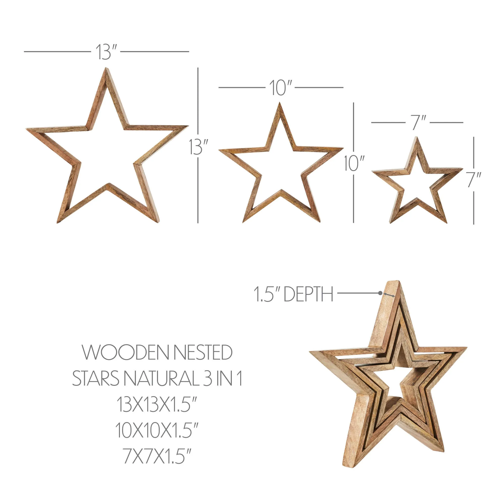 Wooden Nested Stars Natural 3-in-1 13x13x1.5