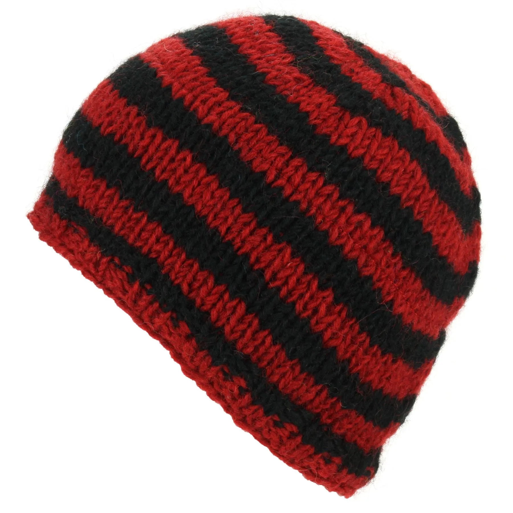 Wool Knit Beanie Hat - Stripe Red Black