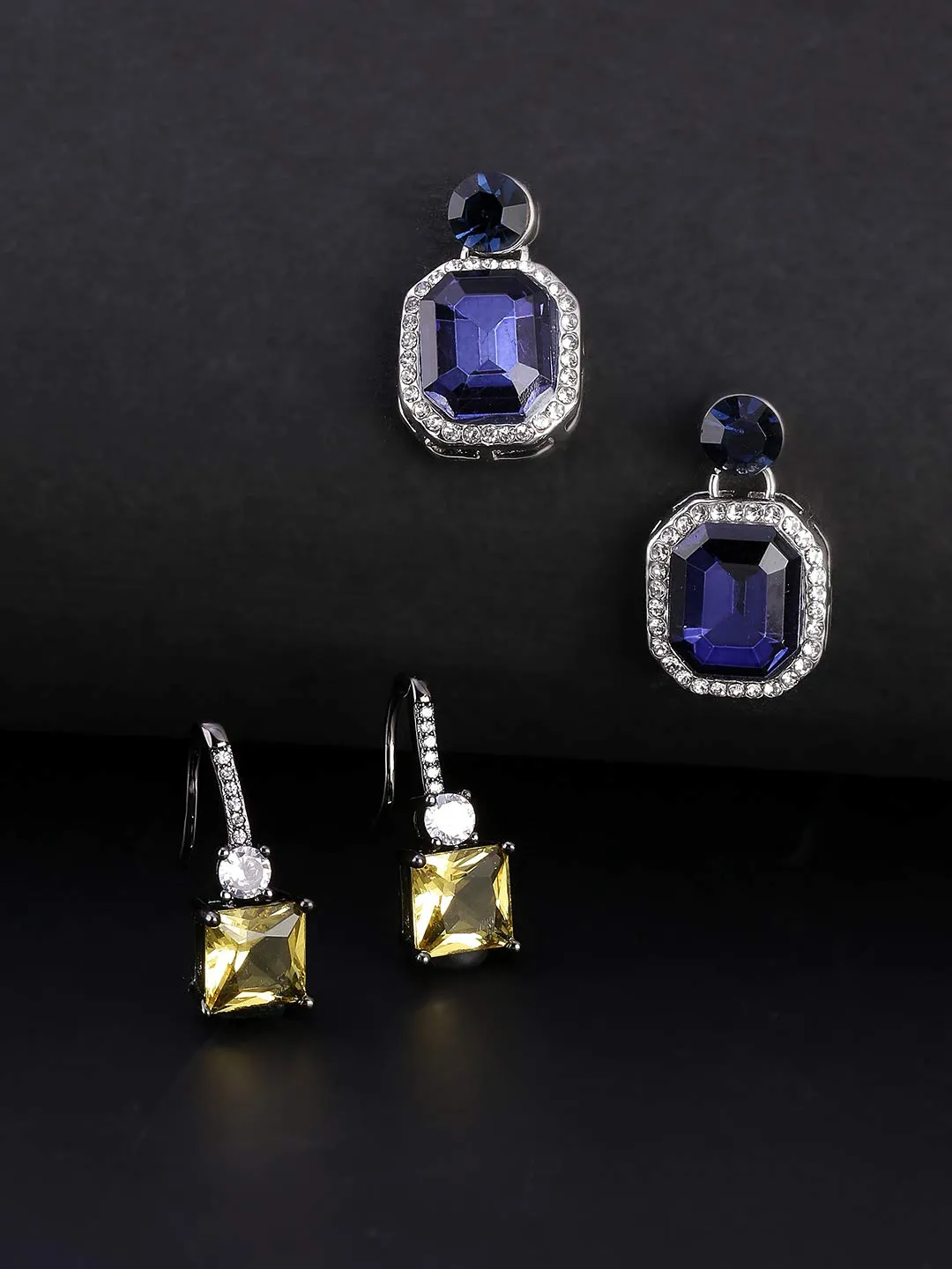 Yellow Chimes Combo of Two Pairs Classic Blue Royal Crystal Black Gun Plated Yellow Crystal Drop Earrings for Women and Girls