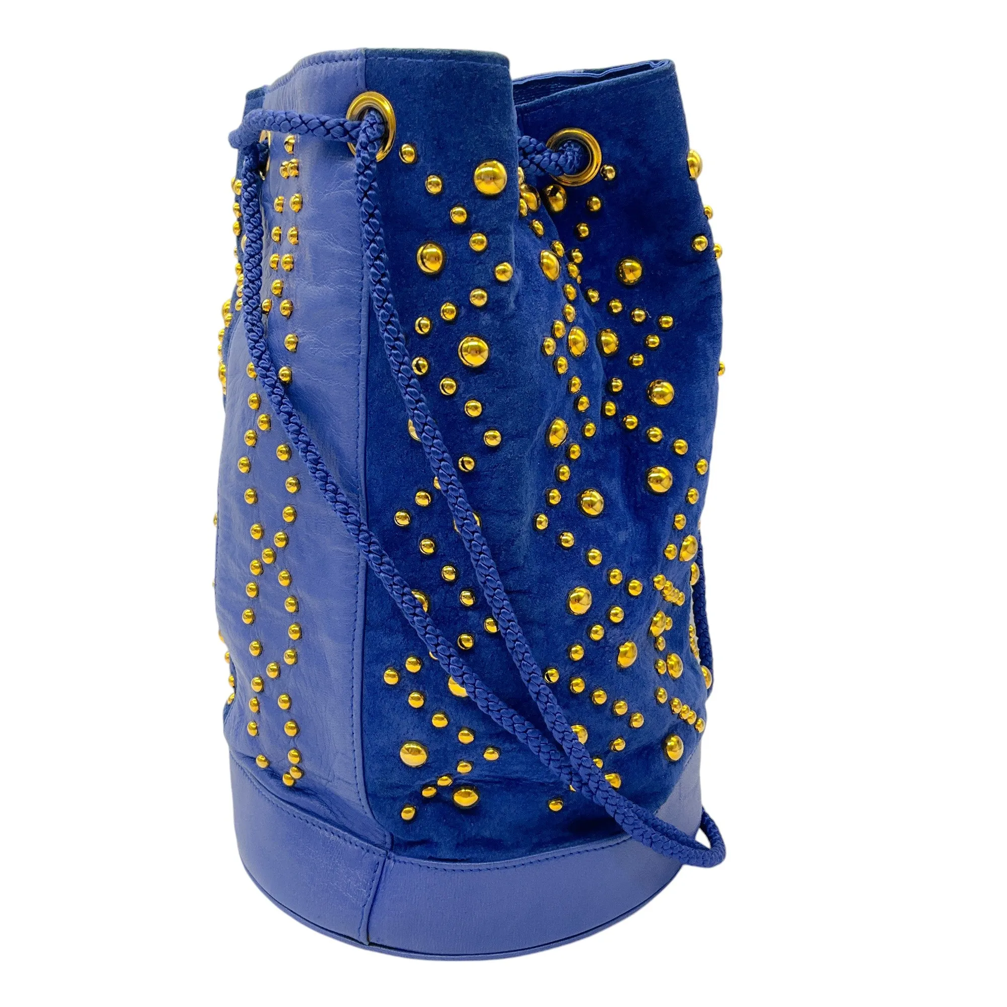 Yves Saint Laurent Rive Gauche Vintage Blue / Gold Studded Suede and Leather Handba