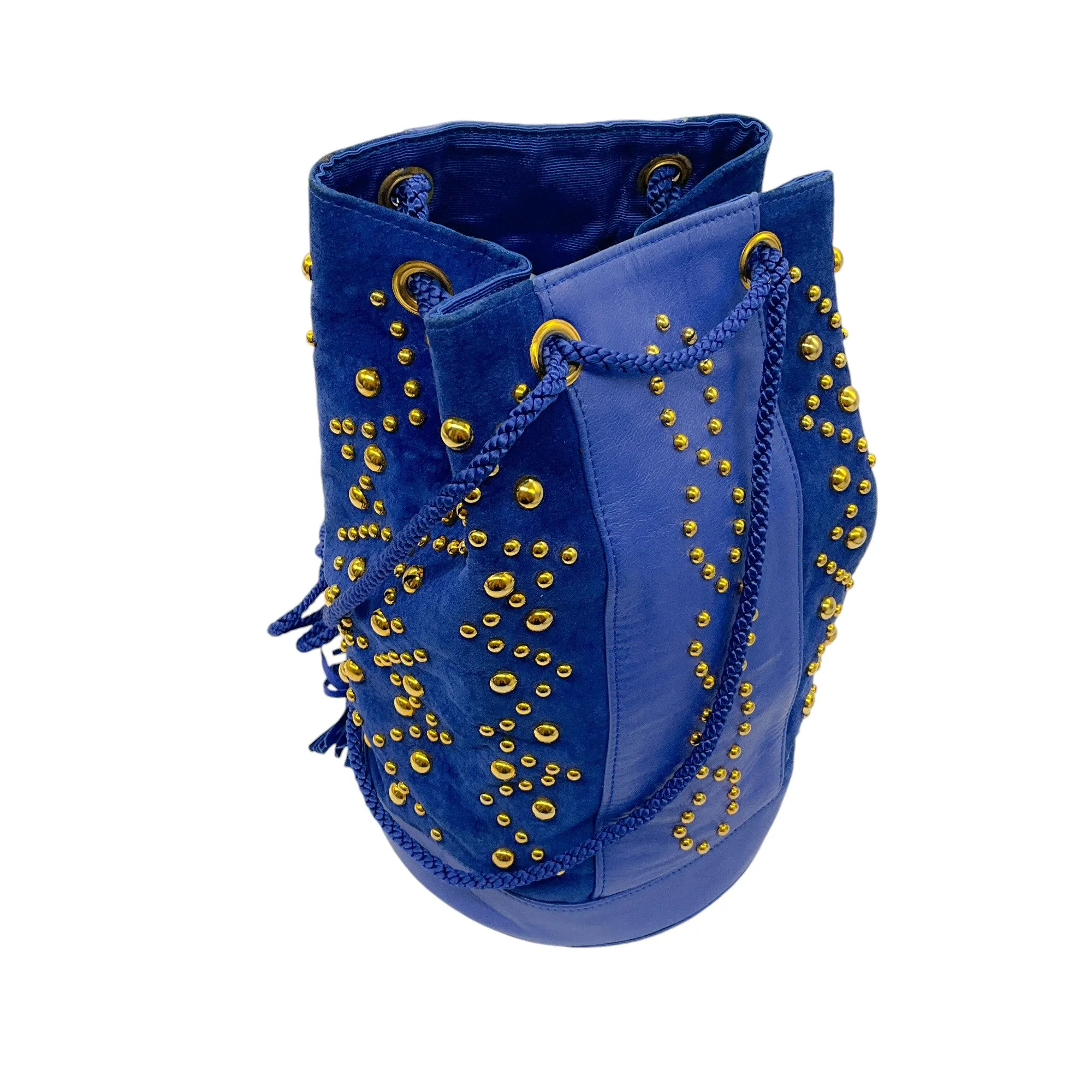 Yves Saint Laurent Rive Gauche Vintage Blue / Gold Studded Suede and Leather Handba